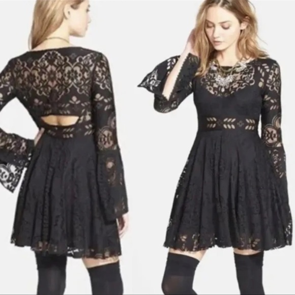 Free People 4 Dress Lace Black Lovers Festival Folk Short Bell Sleeve Bohemian - Picture 11 of 14